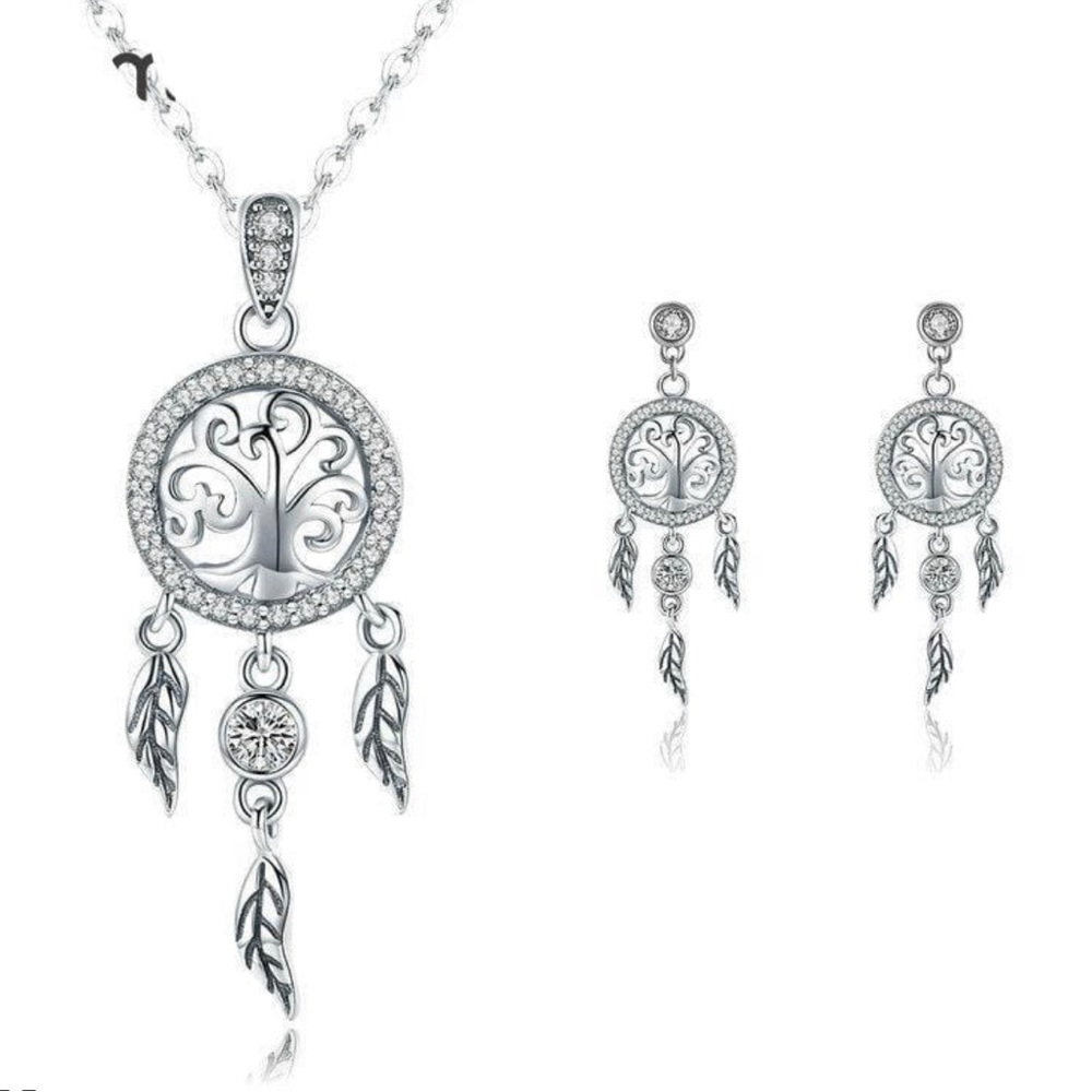 925 Sterling Silver Dream Catcher Pendant Necklace Jewelry Set